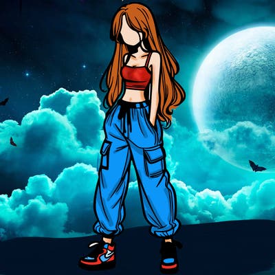 girl in baggy pants crop top and long hair