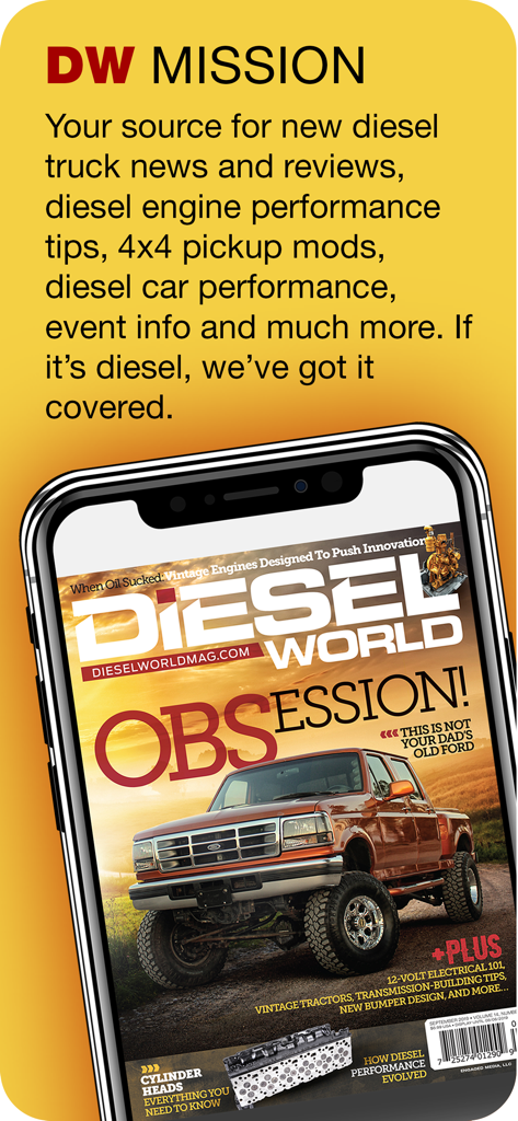 Diesel World - Diesel World app mission statement and digital magazine cover on an iPhone
