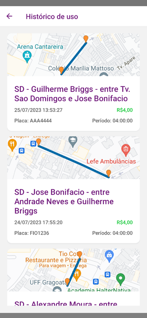 Tela de histórico de uso do aplicativo Niterói Rotativo exibindo sessões de estacionamento anteriores com localizações no mapa e detalhes de pagamento.