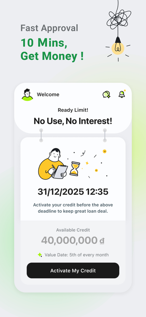 CUB Vietnam - Interfaz de la aplicación CUB Vietnam mostrando un límite de crédito disponible de 40 millones de VND y mensaje de aprobación rápida