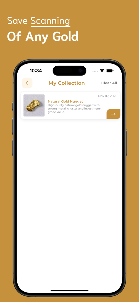 Gold Identifier - The My Collection screen in the Gold Identifier app showing a scanned natural gold nugget