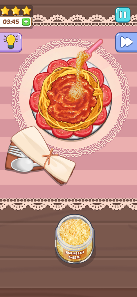 Cooking Paradise: DIY Food - A plate of spaghetti with tomato sauce being sprinkled with parmesan cheese in the Cooking Paradise game.