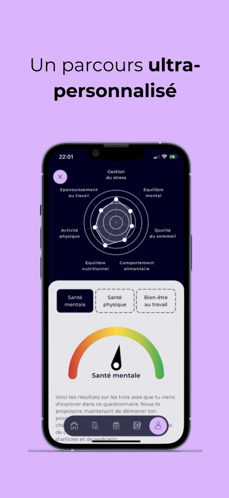 Kanda Health - Smartphone screen displaying the Kanda Health app with a personalized health radar chart and a mental health progress gauge.
