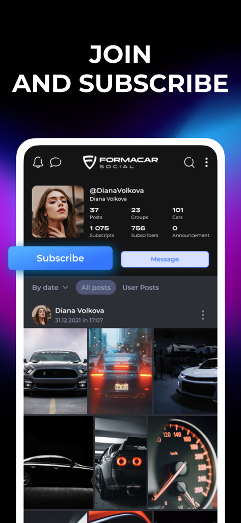 Formacar app social media interface showing a user profile with custom car build posts and a subscribe button