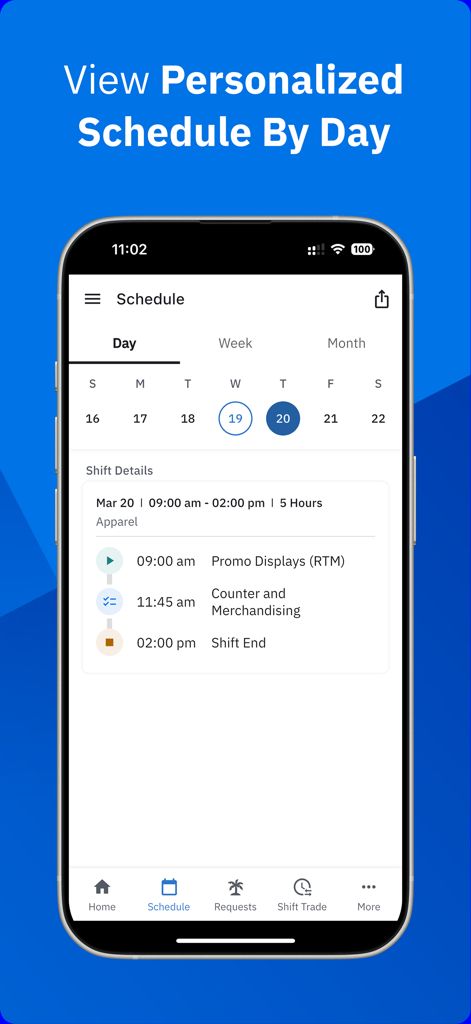 Workcloud Shift - Workcloud Shift app interface showing a personalized daily schedule with specific shift times and tasks.