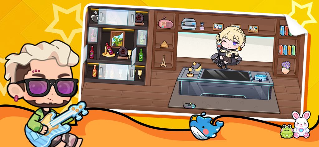 City life world：Avatar Maker - Una escena de dibujos animados de City Life World mostrando a un personaje tocando la guitarra junto a una oficina con un avatar sentado en un escritorio.