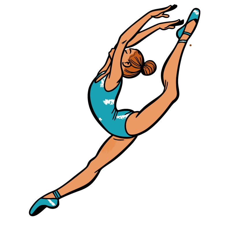 gymnast doing a leap in a leotard with a bent back leg