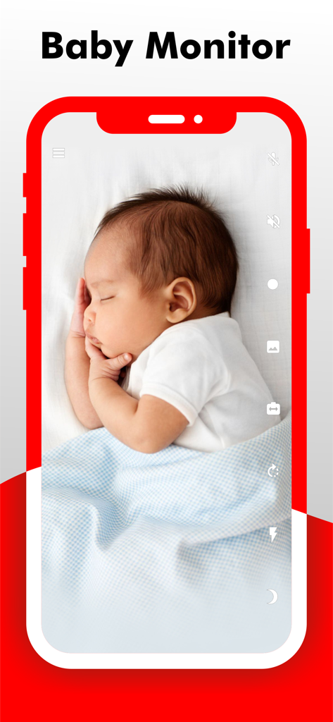 Smartphone screen with the Camy app displaying a live video feed of a sleeping baby for home monitoring