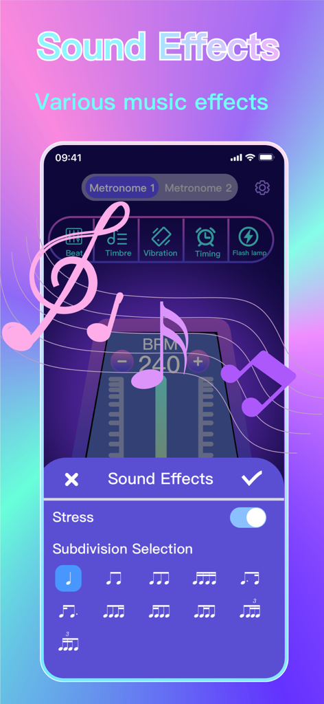 Auto Clicker - Taptap Clicker - Interfaz de configuración de efectos de sonido y metrónomo en la aplicación Taptap Clicker.