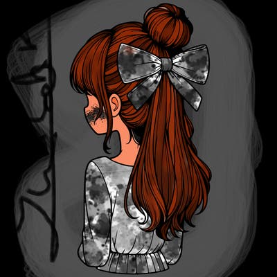 realistic girl  with hip length hair a bun and a big bow on the back of head