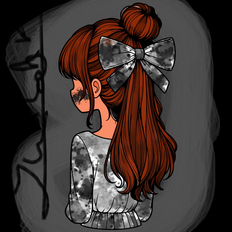 realistic girl  with hip length hair a bun and a big bow on the back of head