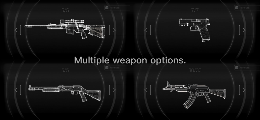 A menu display showing various weapon wireframe models including a sniper rifle and a handgun in the PewPewPew app