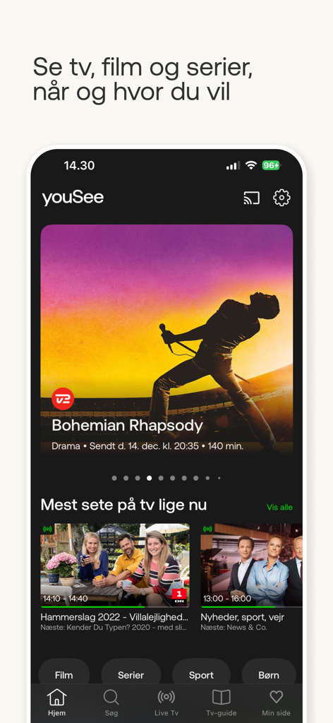 YouSee Play - YouSee Play mobile app home screen showing Danish live TV and movie selections