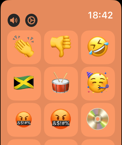 Una cuadrícula de iconos de emojis que representan diferentes efectos de sonido en la aplicación Emoji Sound de Apple Watch