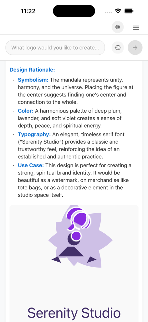 GG AI LogoMaker - Razón de diseño y vista previa del logo para Serenity Studio en la app GG AI LogoMaker.