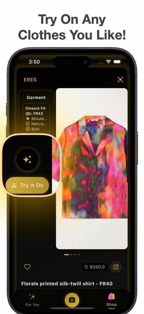 Outfit Generator - Vinchy - Vinchy app screenshot showing the virtual try on feature for a floral shirt