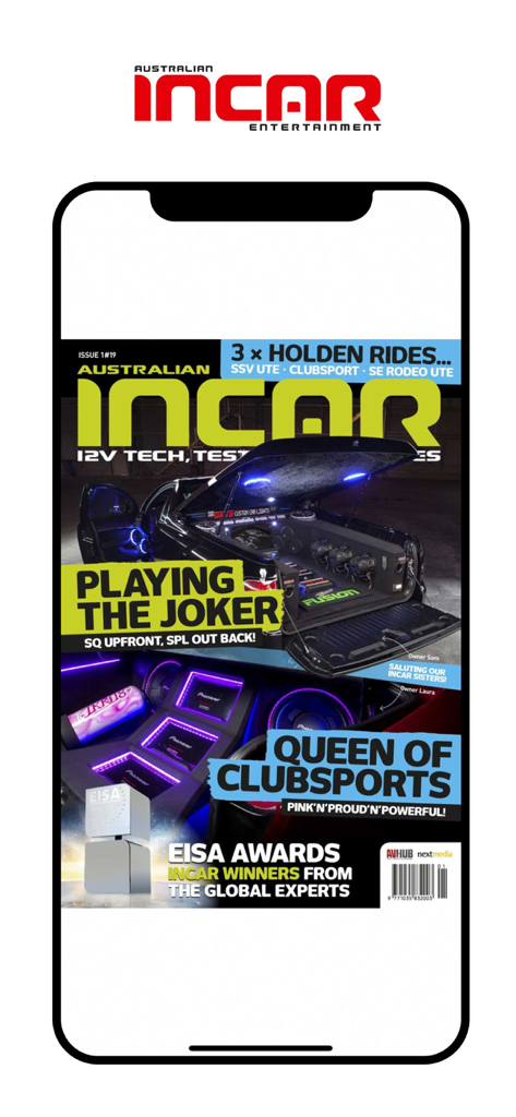 InCar Entertainment - Smartphone screen displaying the InCar Entertainment digital magazine cover with custom car audio systems