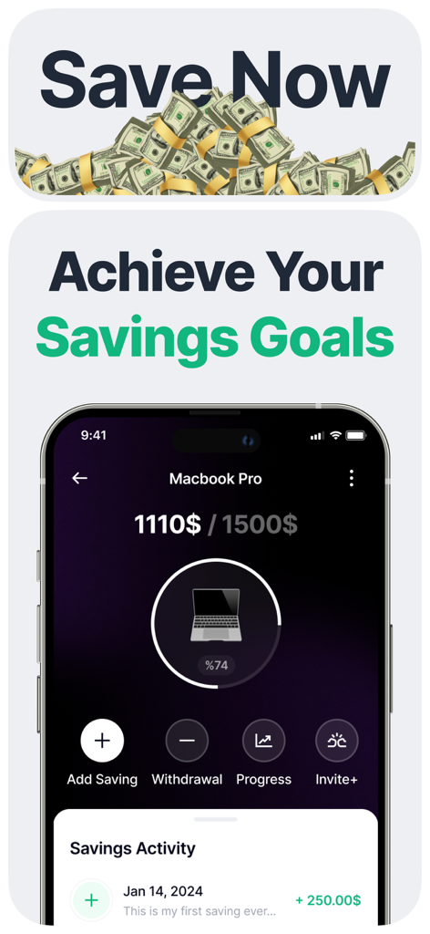 Piggy Bank - Mani - Interfaccia dell'app Mani che mostra un progresso del 74% verso un obiettivo di risparmio per un Macbook Pro