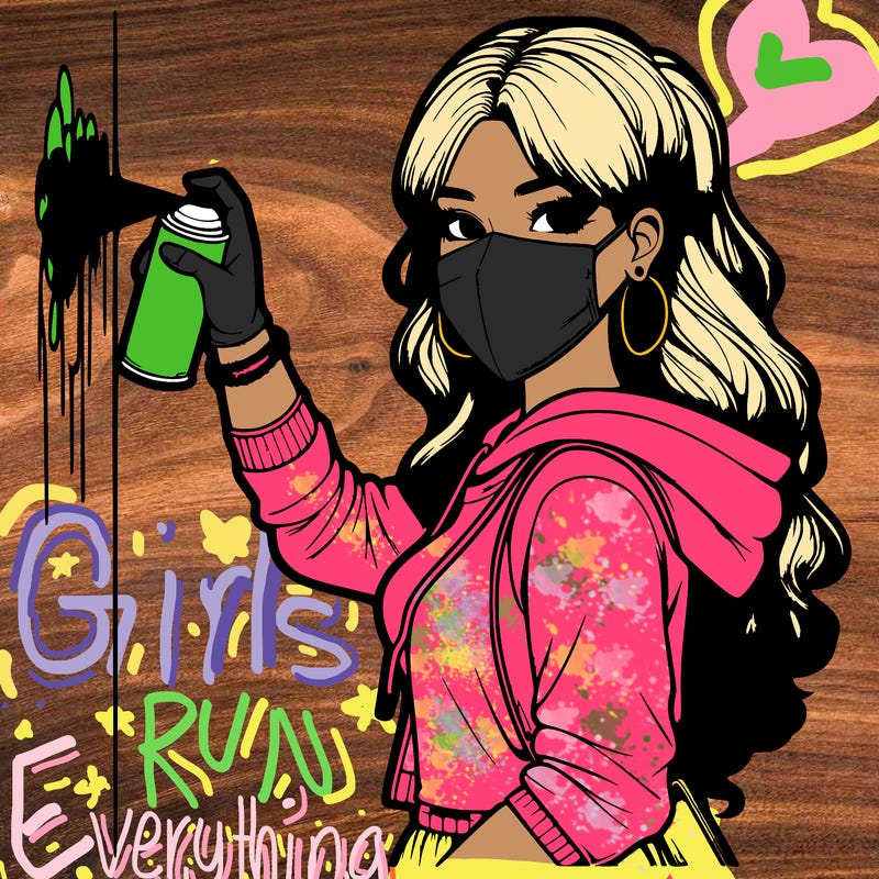 realistic girl with mask spray painting a wall