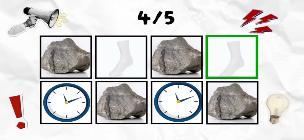 Say the Word on the Beat Game - A game interface showing a grid of images including rocks, socks, and clocks for rhythmic vocabulary practice