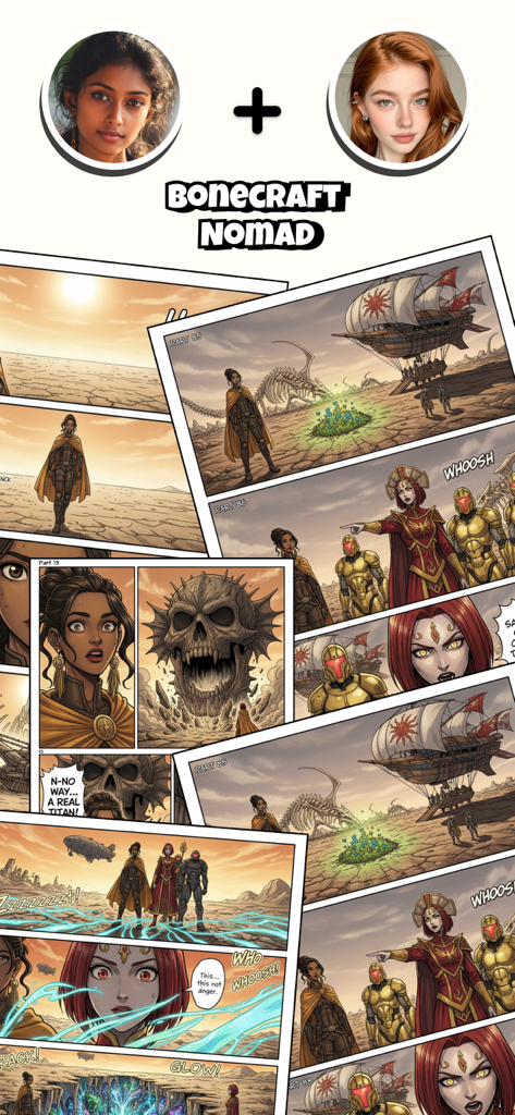 A series of colorful manga panels from Bonecraft Nomad displayed in the Sakura Manga Reader app interface.