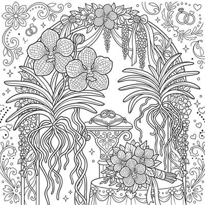 Step into a world of romantic elegance with this exquisite Vanda Orchid wedding coloring page. Perfect for celebrating love, this design combines the unique beauty of Vanda orchids with classic wedding symbolism for a truly special coloring experience.