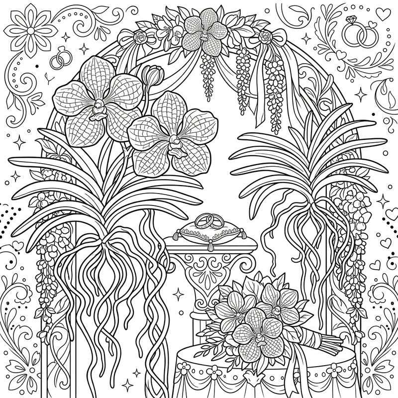 Step into a world of romantic elegance with this exquisite Vanda Orchid wedding coloring page. Perfect for celebrating love, this design combines the unique beauty of Vanda orchids with classic wedding symbolism for a truly special coloring experience.