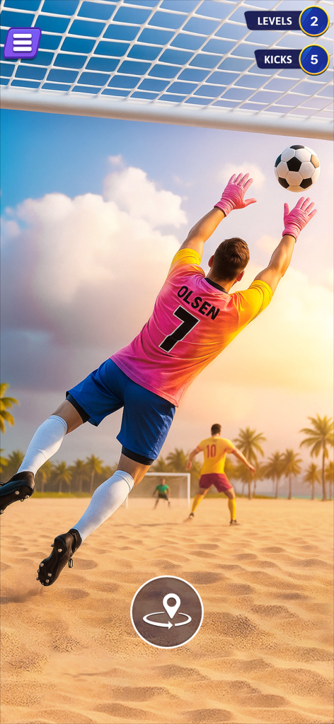 World Soccer Rematch League - 열대 모래 해변에서 공을 잡기 위해 다이빙하는 축구 골키퍼