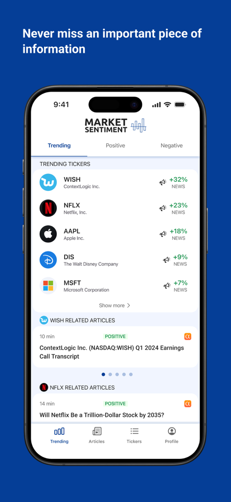 Market Sentiment - Interface of the Market Sentiment app showing trending stock tickers and news summaries on an iPhone screen.