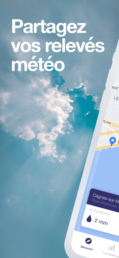 Waterdrop - Waterdrop app interface showing weather report sharing and local rainfall data on a map