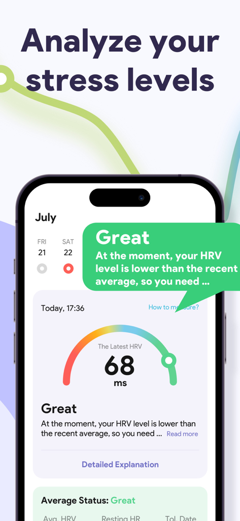 iStress: AI Stress Monitor - Pantalla de smartphone que muestra la interfaz de la aplicación iStress con datos de variabilidad de la frecuencia cardíaca y análisis del nivel de estrés.