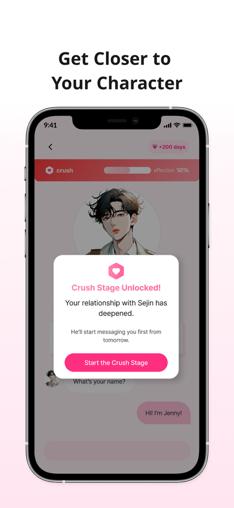 A screenshot of the LoveyDovey app showing a relationship milestone notification for the character Sejin stating Crush Stage Unlocked.