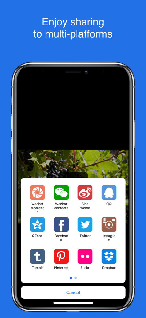 FlashAir Image Share - A mobile interface showing social media sharing options including Facebook Instagram and Twitter in the FlashAir Image Share app