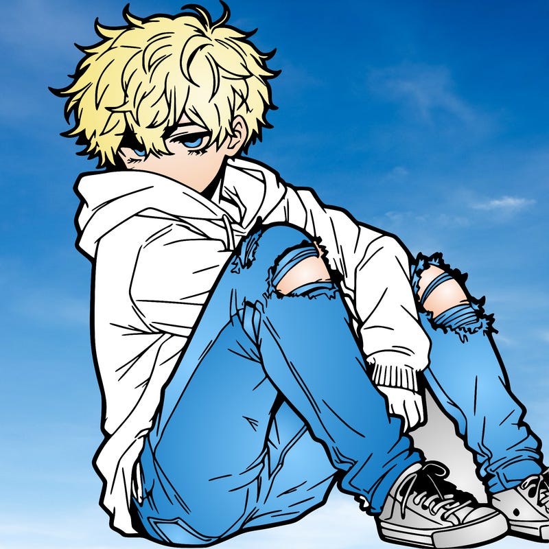 a male hoddie ripped jeans messy hair anime