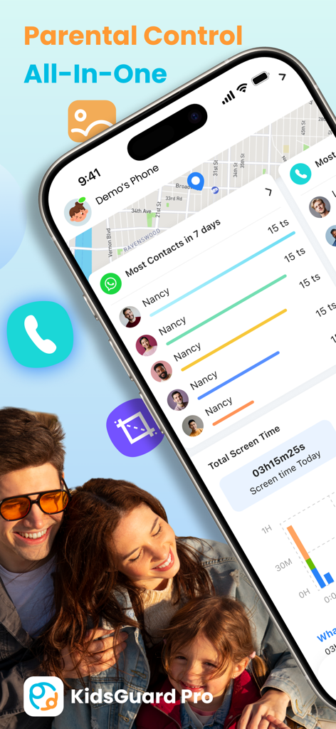 Interfaz de la aplicación KidsGuard Pro que muestra el monitoreo de WhatsApp, el rastreo de ubicación GPS y los informes de tiempo de pantalla.