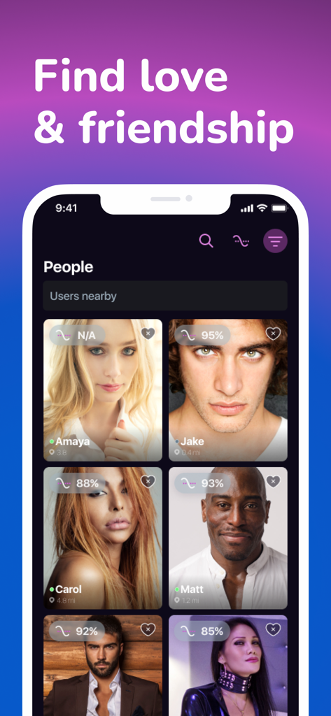 Fiorry: Transgender Dating - Fiorry app screen showing profiles of nearby users with compatibility percentages under the text Find love and friendship.