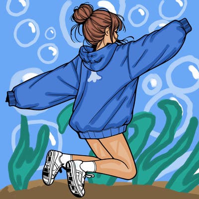 realistic girl jumping with a bun and oversized sweatshirt