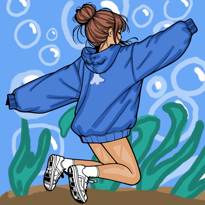 realistic girl jumping with a bun and oversized sweatshirt