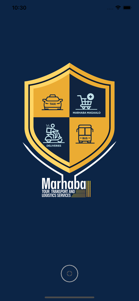 Pantalla de inicio de la aplicación Marhaba Service con el logo de un escudo con iconos para taxi, compras, entregas y servicios de autobús.