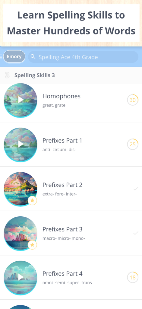 Spelling Ace 4th Grade - A list of spelling lessons in the Spelling Ace 4th Grade app including Homophones and Prefixes with progress indicators
