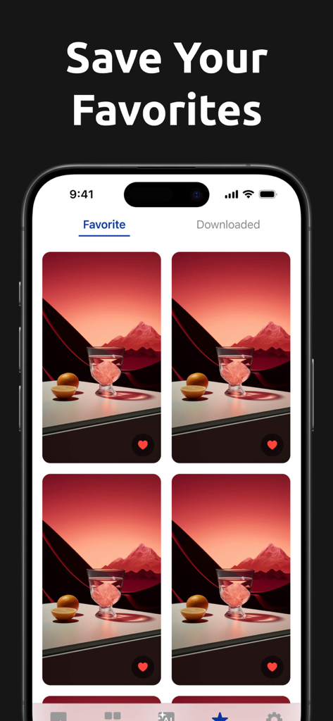 Wallpapers HD, 4K & Live - Interfaz de la aplicación de fondos de pantalla mostrando una colección de imágenes favoritas guardadas en un iPhone
