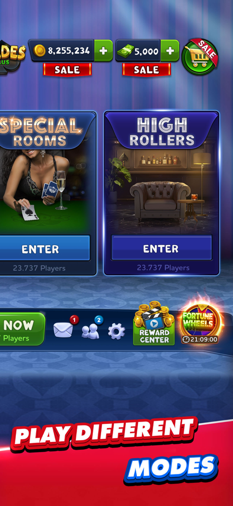 Spades Plus card game menu screen showing Special Rooms and High Rollers game modes