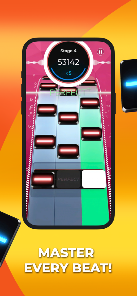 SuperStar: Music Game - Una pantalla de juego de ritmo móvil que muestra coloridas fichas de música y un golpe Perfect Plus