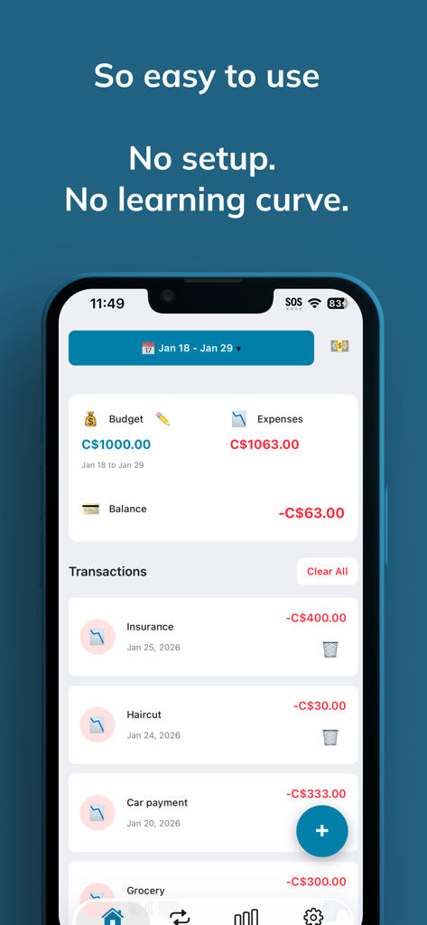 YBUD: Your Budget Planner - Minimalist dashboard of the YBUD budget planner app showing expenses and balance.