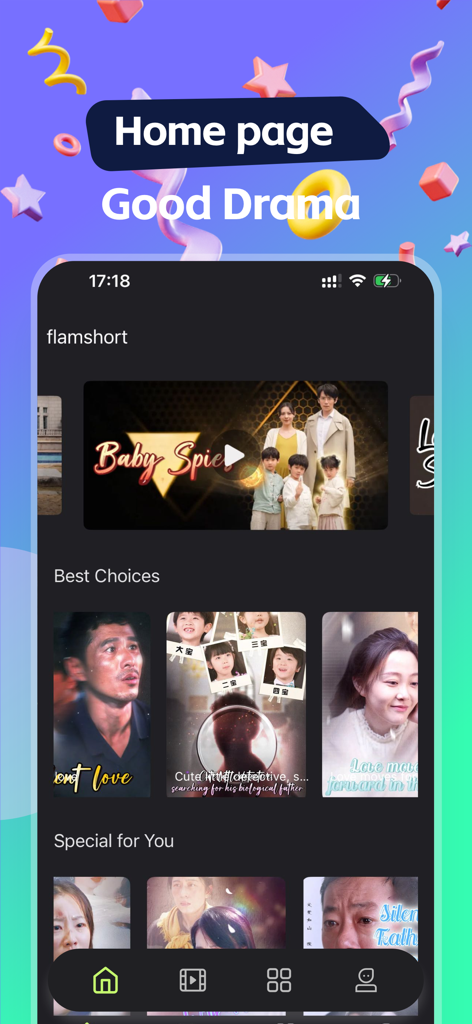 FlamShort - Home page of the FlamShort app displaying a selection of short drama series and featured video thumbnails