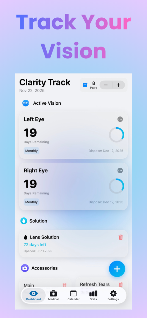 Clarity Track - Panel de la aplicación Clarity Track que muestra los días restantes para lentes de contacto y el seguimiento de la solución para lentes