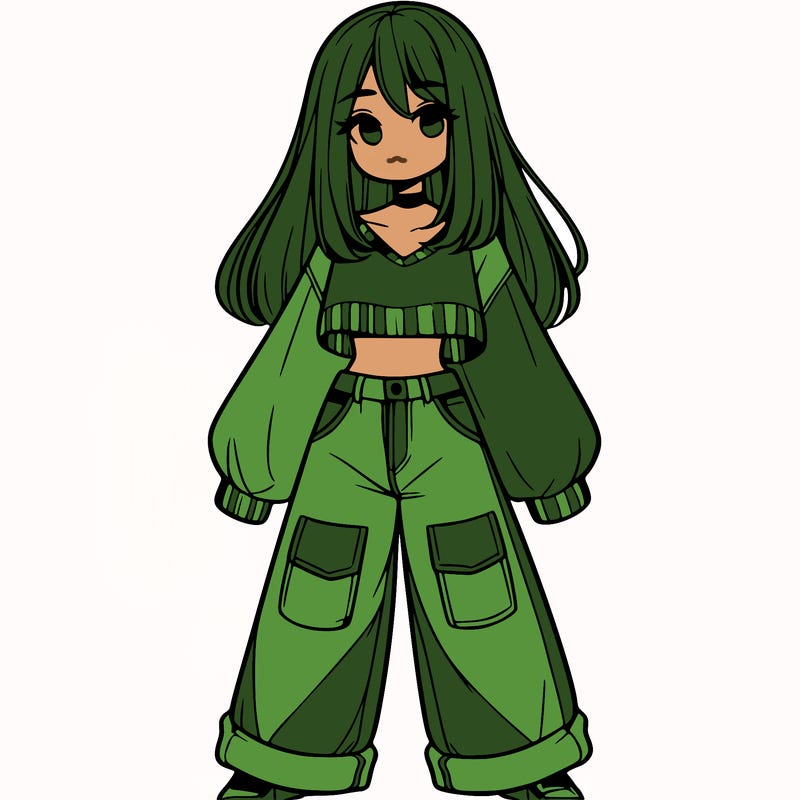 cute girl with straight hair in baggy jeans and a crop top and a sweater