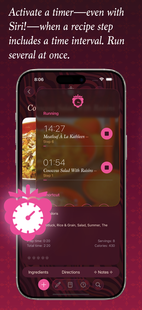 Interfaz de la aplicación The Recipe Box que muestra múltiples temporizadores de cocina activos en un iPhone.