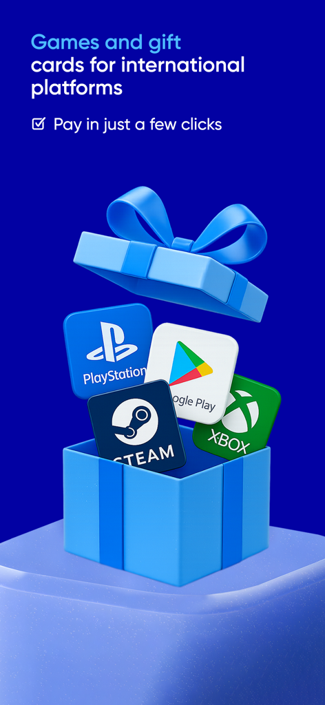 OSON app interface showing gift cards for PlayStation, Google Play, Steam, and XBOX in a gift box
