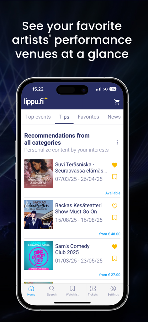 lippu.fi - Screenshot of the Lippu.fi app showing personalized event recommendations for concerts and shows in Finland.